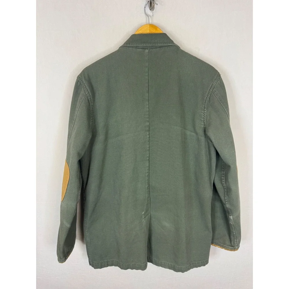 Orvis Mens Canvas Field Blazer Jacket Green Leather Trim Elbow Patches 40L